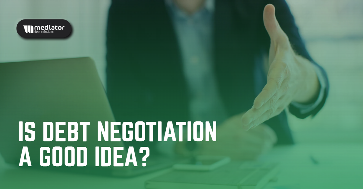 A professional reaching out for a handshake across a desk, symbolizing agreement and trust in the context of debt negotiation, branded by Mediator Debt Solutions.