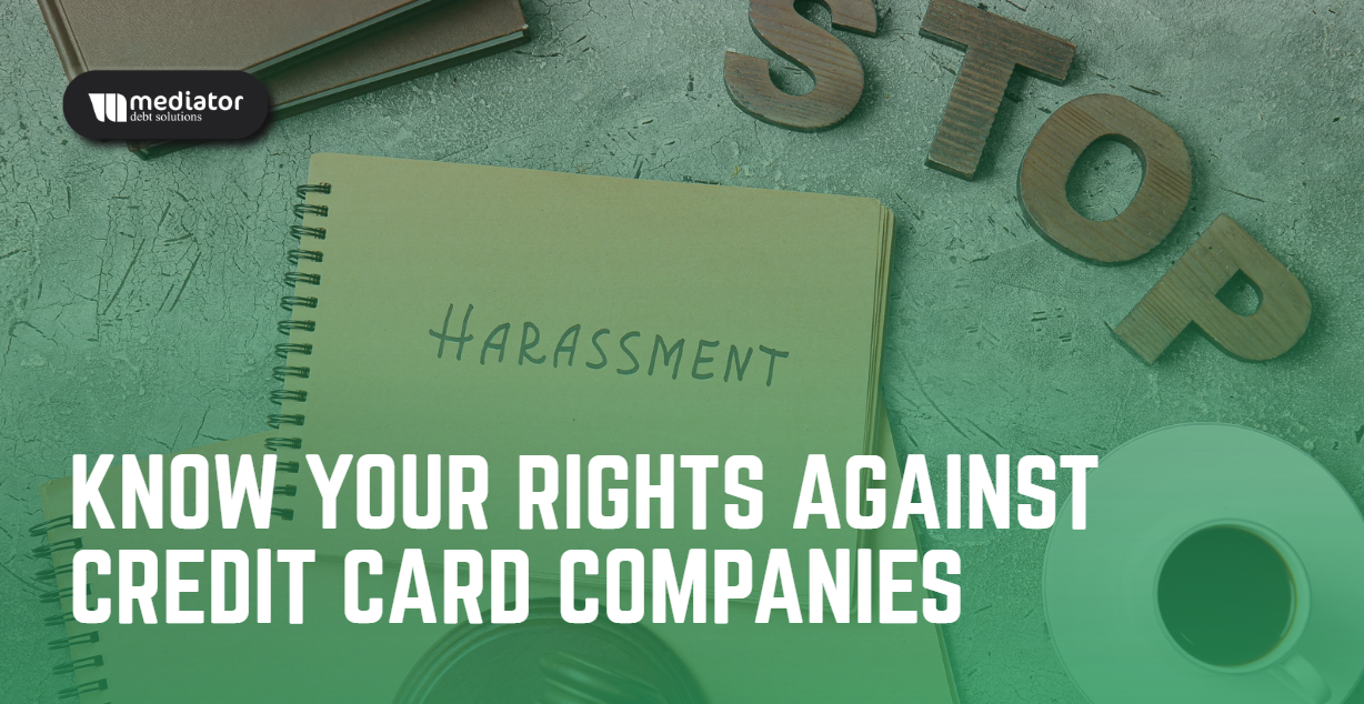 Notebook labeled “Harassment” beside the word “STOP” and a coffee cup, representing consumer rights and protection from credit card company abuse.